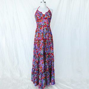 70s Vintage Halter Floral Tiered Maxi Dress